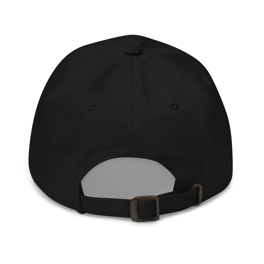 Back of the same dad hat: plain black, with an adjustable strap and a metal buckle.