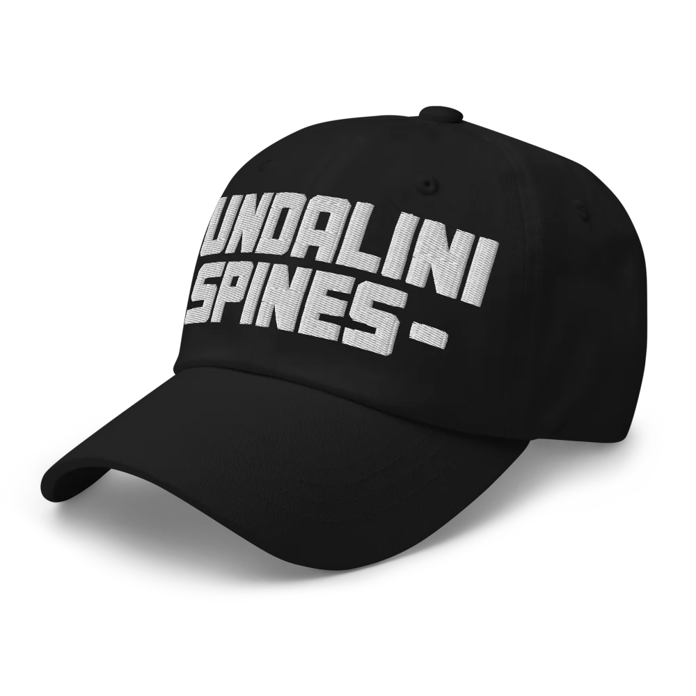 The same dad hat from the left front, the raised lettering following the curve of the crown.