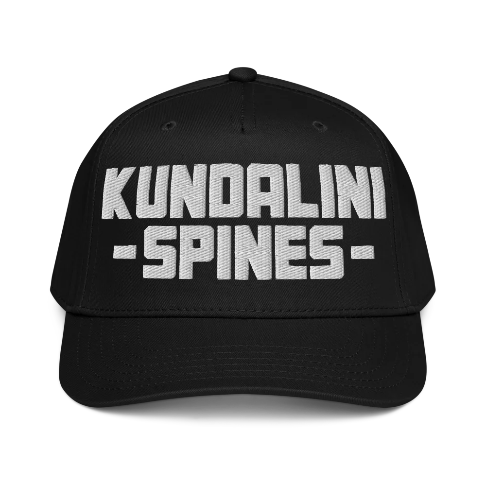 Black five-panel cap with KUNDALINI SPINES embroidered across its flat front panel in raised white block letters.