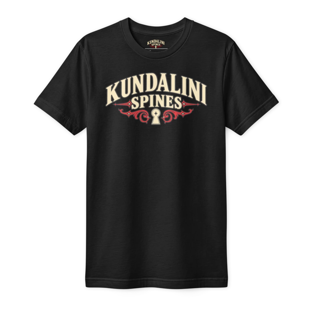 Black fine jersey tee with KUNDALINI arched over SPINES across the chest in cream capitals, red scrollwork either side of a cream keyhole beneath. A second print, two crossed keys in a seal, is on the back.