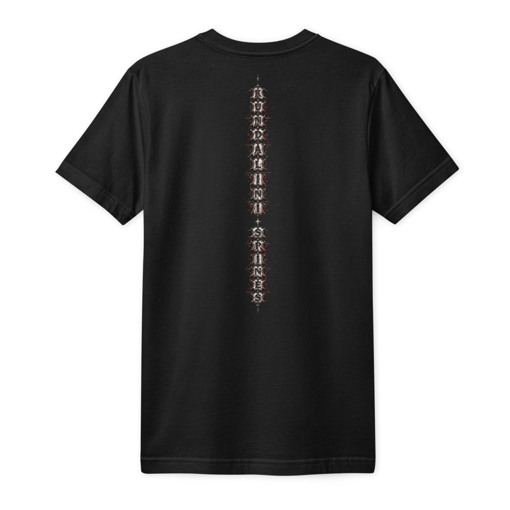 Back of the same black tee: KUNDALINI SPINES set down the spine in chromed block letters, each letter a vertebra, edged in red.