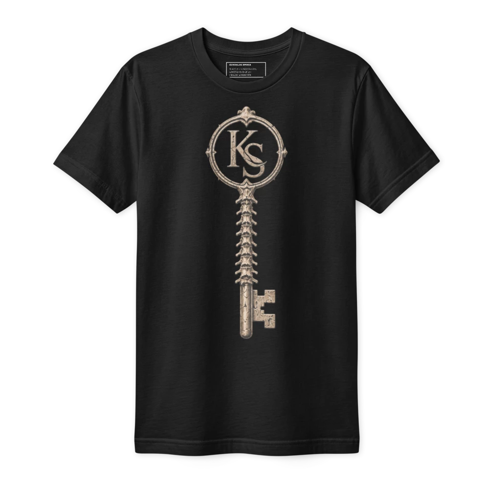 Black fine jersey tee with the KS skeleton key, its shaft a column of vertebrae, printed down the chest. A second print, the block spine, is on the back.