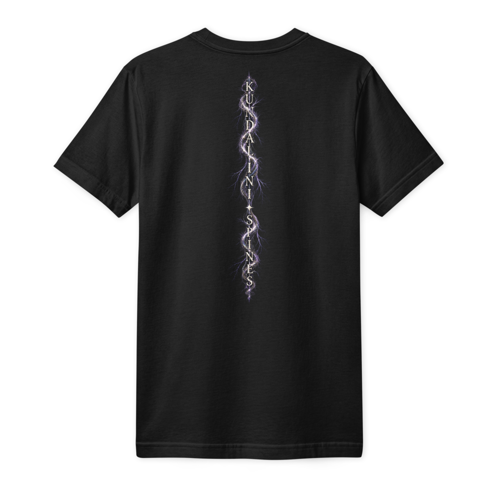 Back of the same black tee: KUNDALINI SPINES set down the spine in pale capitals with a violet serpent of light wound around the letters.